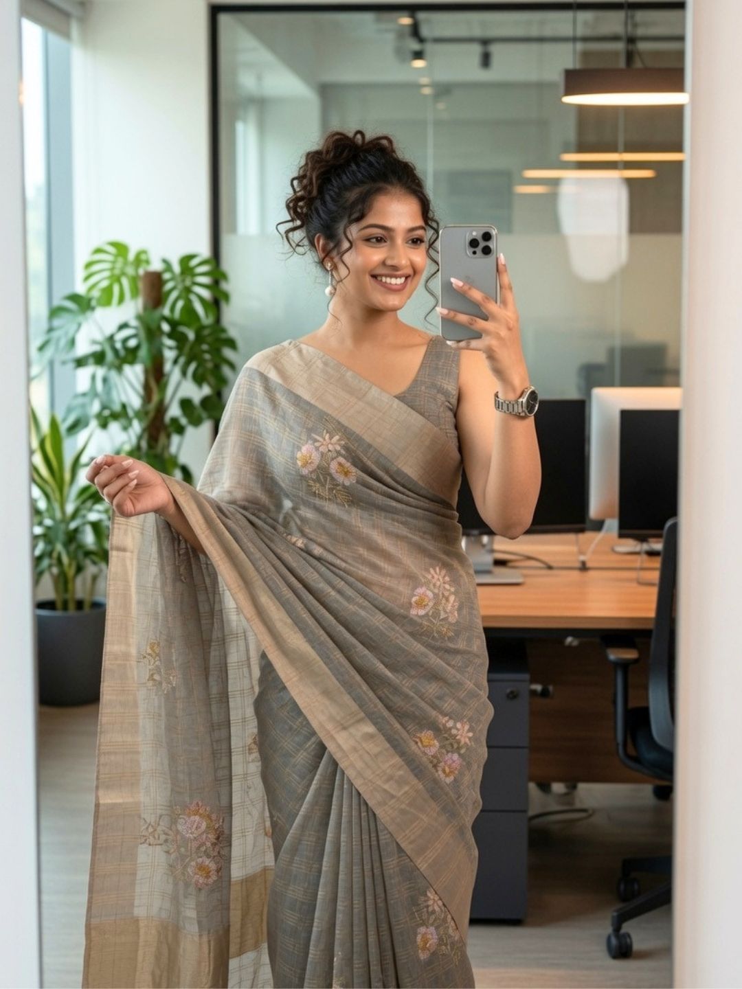 Grey Floral Embroidered Kota Doria Saree with Zari Border