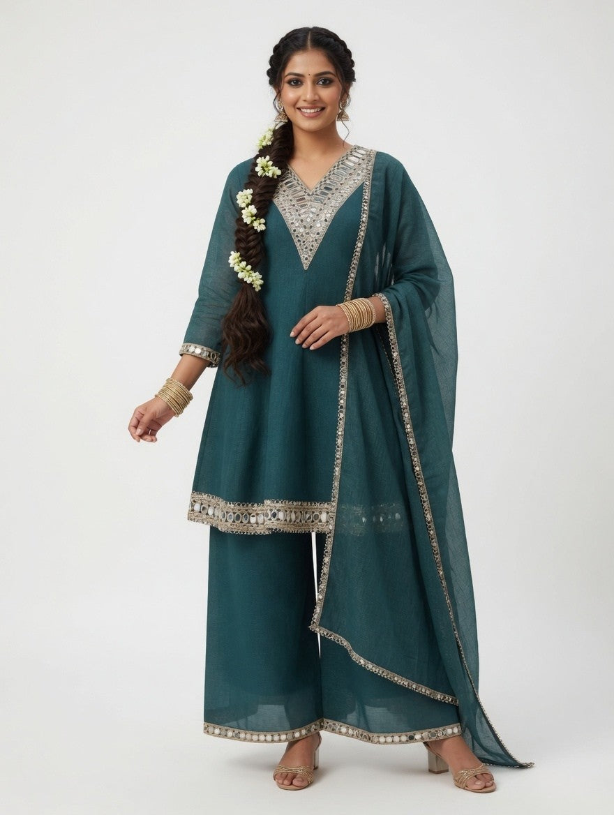 Peacock Blue - Mirror Work Kurta Palazzo Set