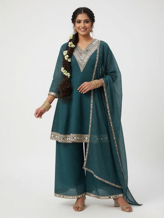 Peacock Blue - Mirror Work Kurta Palazzo Set
