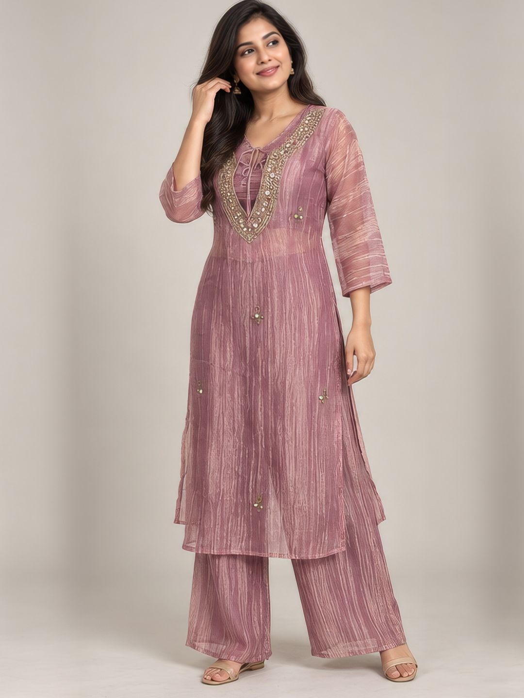 Mauve organza crush kurta palazzo set with mirror work neckline | Saviias Studioz