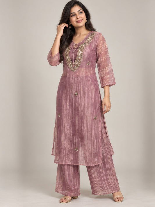 Mauve organza crush kurta palazzo set with mirror work neckline | Saviias Studioz