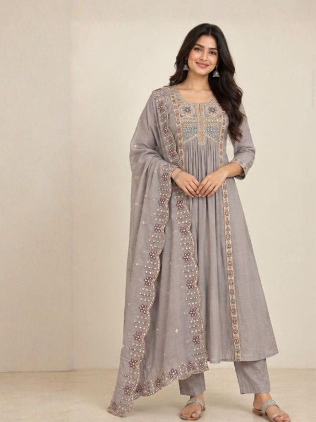 Lilac grey embroidered anarkali suit set with dupatta | Saviias Studioz