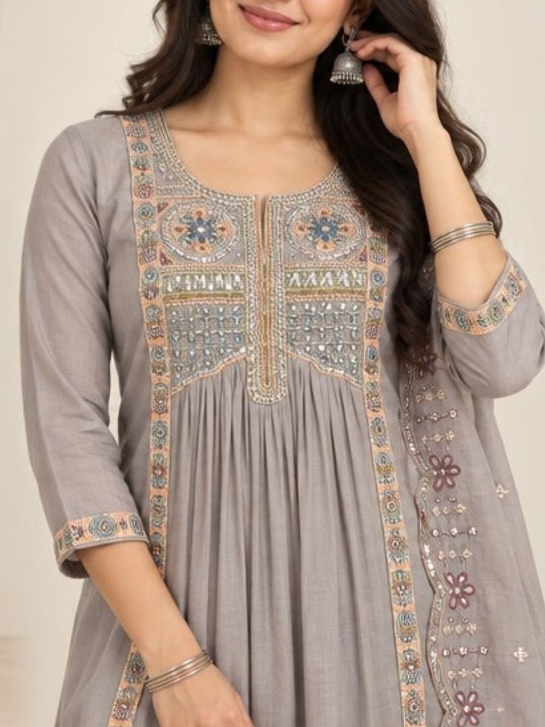 Lilac grey embroidered anarkali suit set with dupatta – work detail | Saviias Studioz
