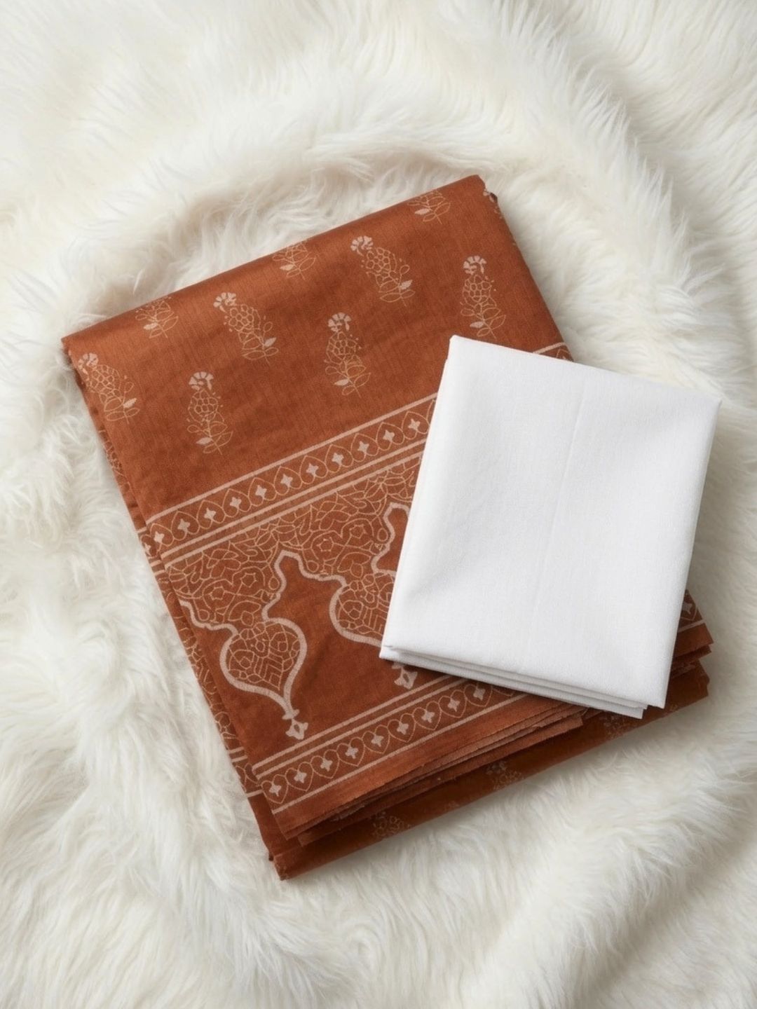 Rust Brown Chanderi Cotton Saree with Hand Block Print & Woven Border