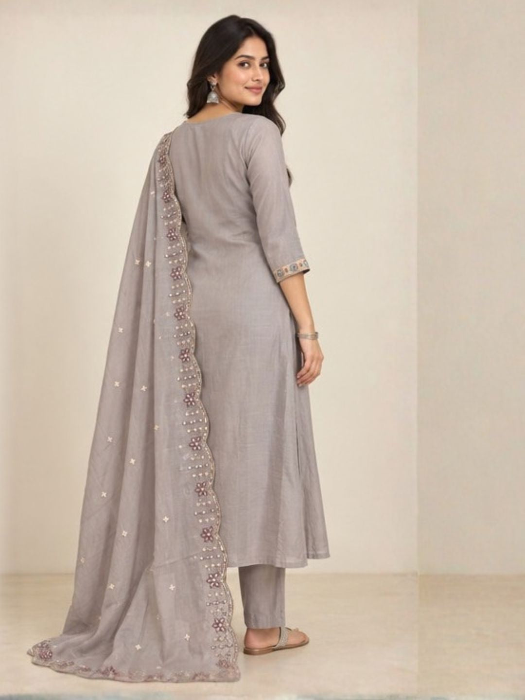 Lilac grey embroidered anarkali suit set with dupatta – full length look | Saviias Studioz