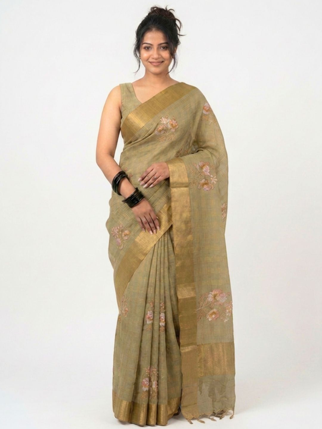 Mehndi Green Floral Embroidered Kota Doria Saree with Zari Border