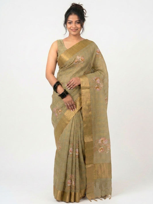 Mehndi Green Floral Embroidered Kota Doria Saree with Zari Border