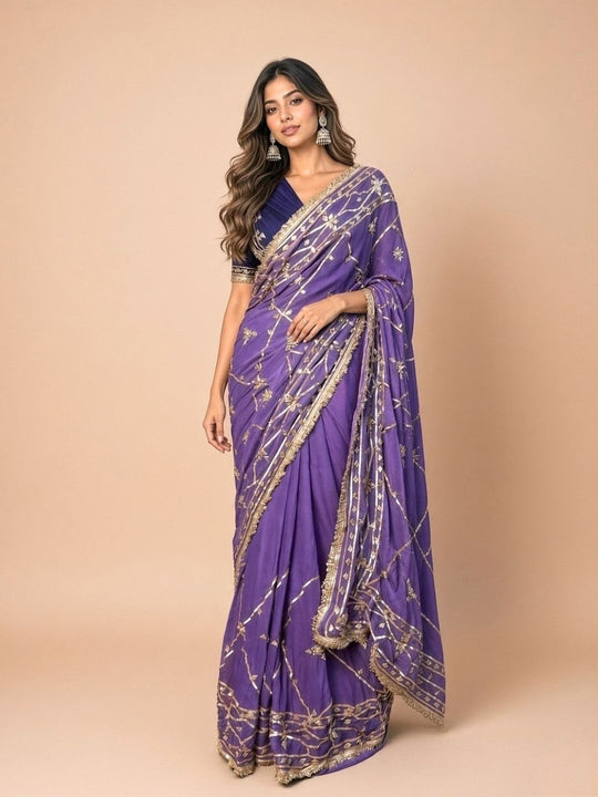 Gota Patti Chiffon Saree – Lavender with Navy Blue Blouse