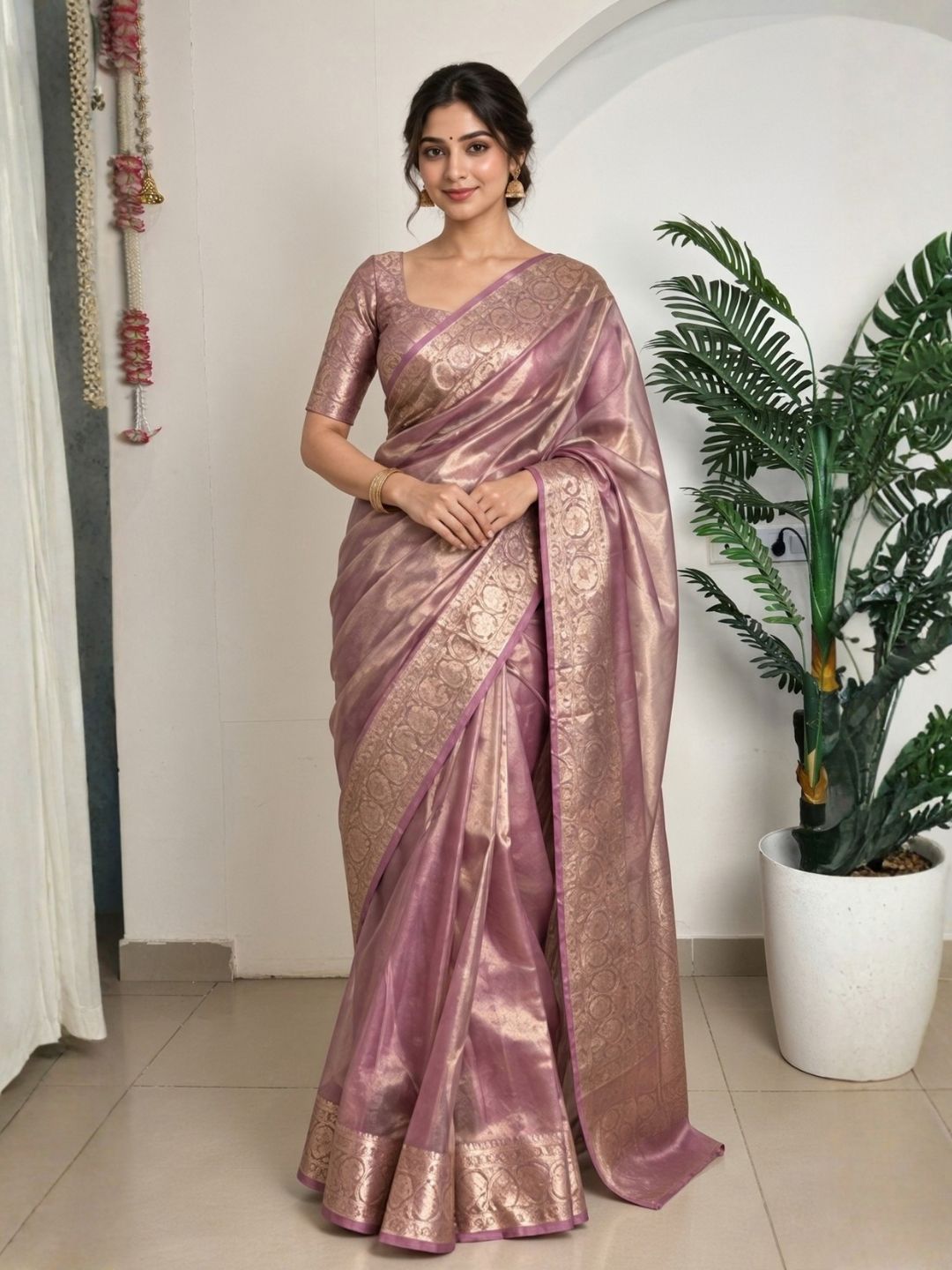 Onion pink ready to wear Banarasi tissue saree, pre-stitched – full length look | Saviias Studioz