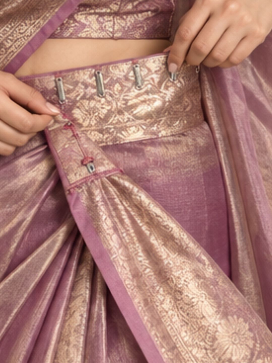 Onion pink ready to wear Banarasi tissue saree, pre-stitched | Saviias Studioz
