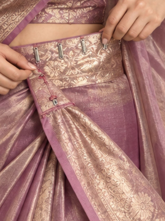 Onion pink ready to wear Banarasi tissue saree, pre-stitched | Saviias Studioz