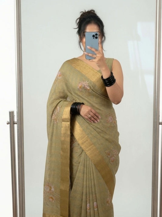 Mehndi Green Floral Embroidered Kota Doria Saree with Zari Border