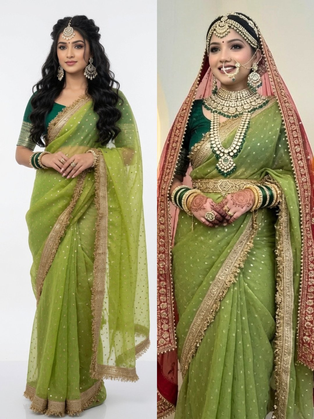 Organza all over butti work & lace saree- Parrot Green color