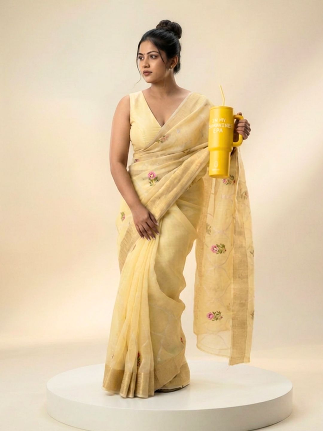 Lemon Yellow Floral Embroidered Kota Doria Saree with Zari Border