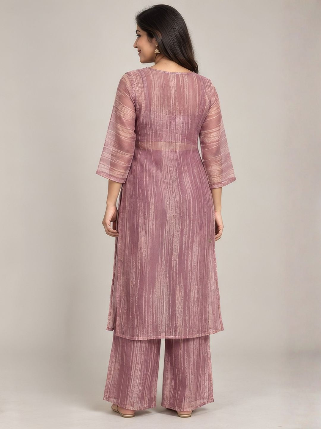 Mauve organza crush kurta palazzo set with mirror work neckline – work detail | Saviias Studioz
