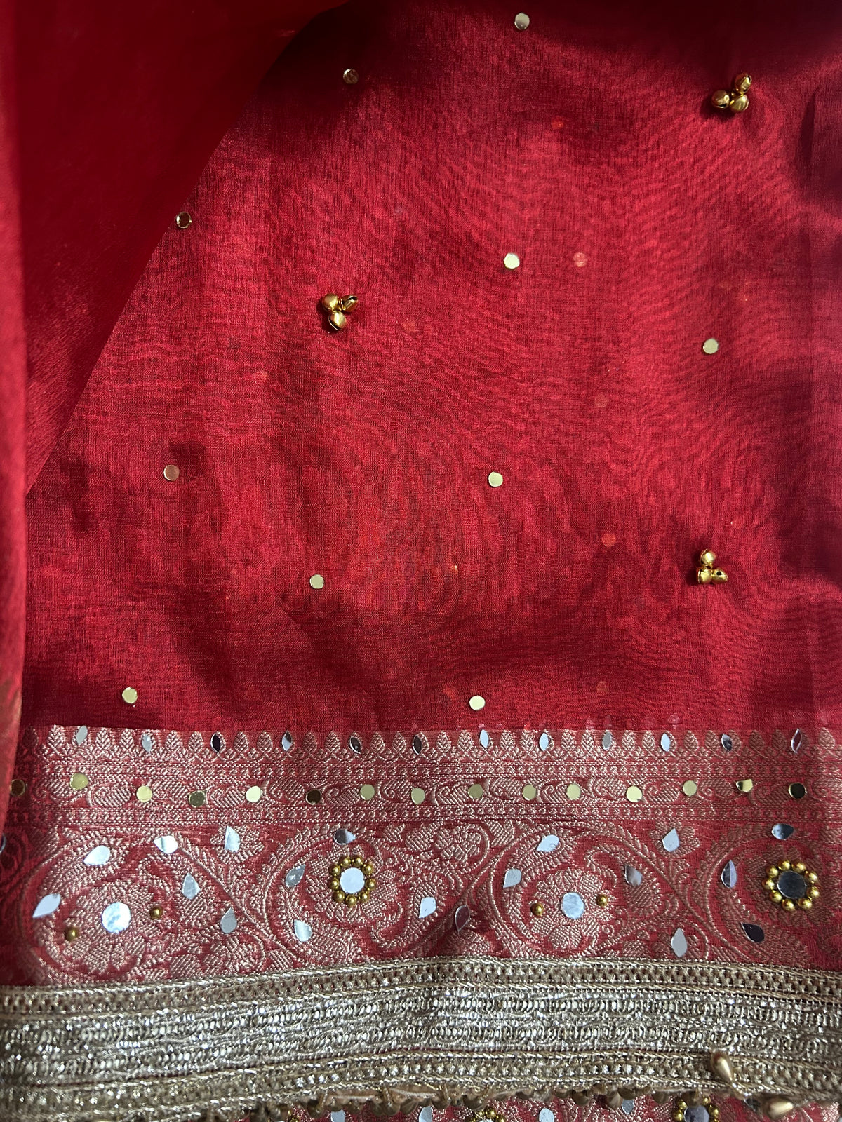 Red Banarasi saree zari pallu with mirror and gota work