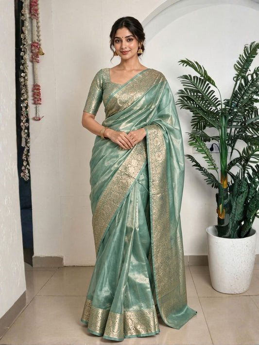 Sea green ready to wear Banarasi tissue saree, pre-stitched | Saviias Studioz