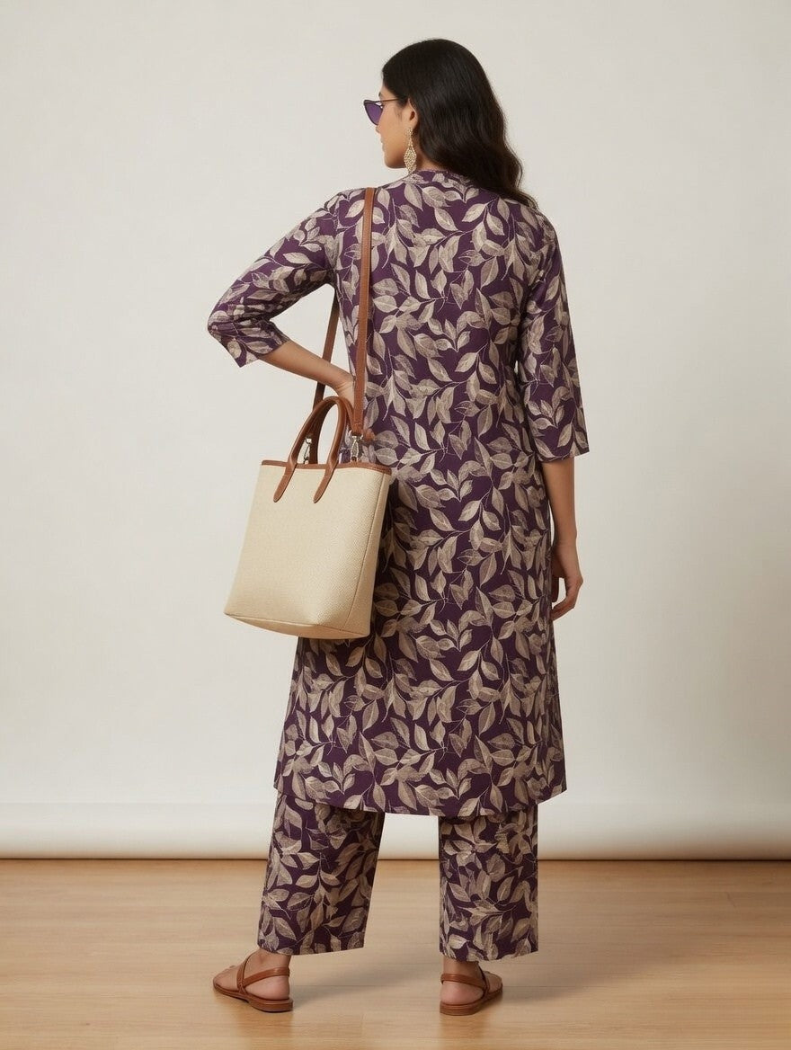 Purple & Beige Leaf Printed Co-Ord Set | V-Neck Kurta with Matching Pants for Women