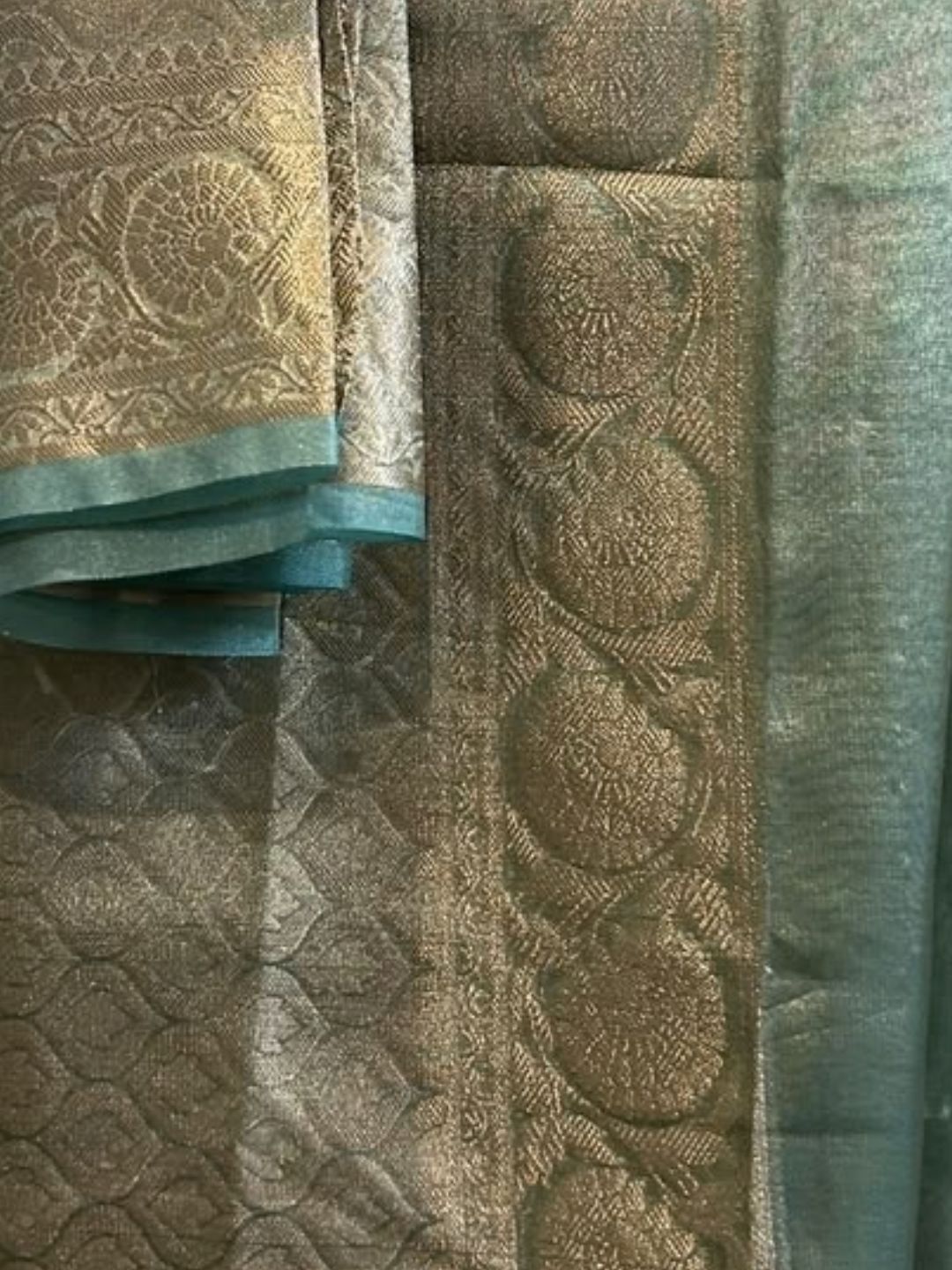 Sea green ready to wear Banarasi tissue saree, pre-stitched – work detail | Saviias Studioz