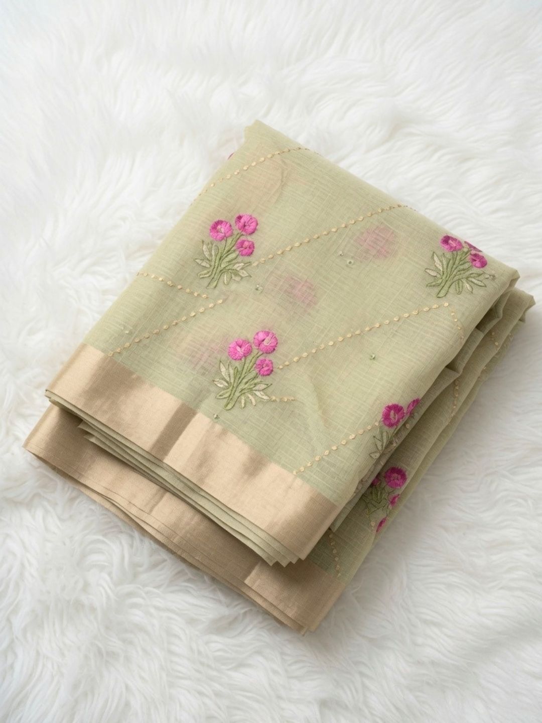 Pista Green Floral Embroidered Kota Doria Saree with Zari Border