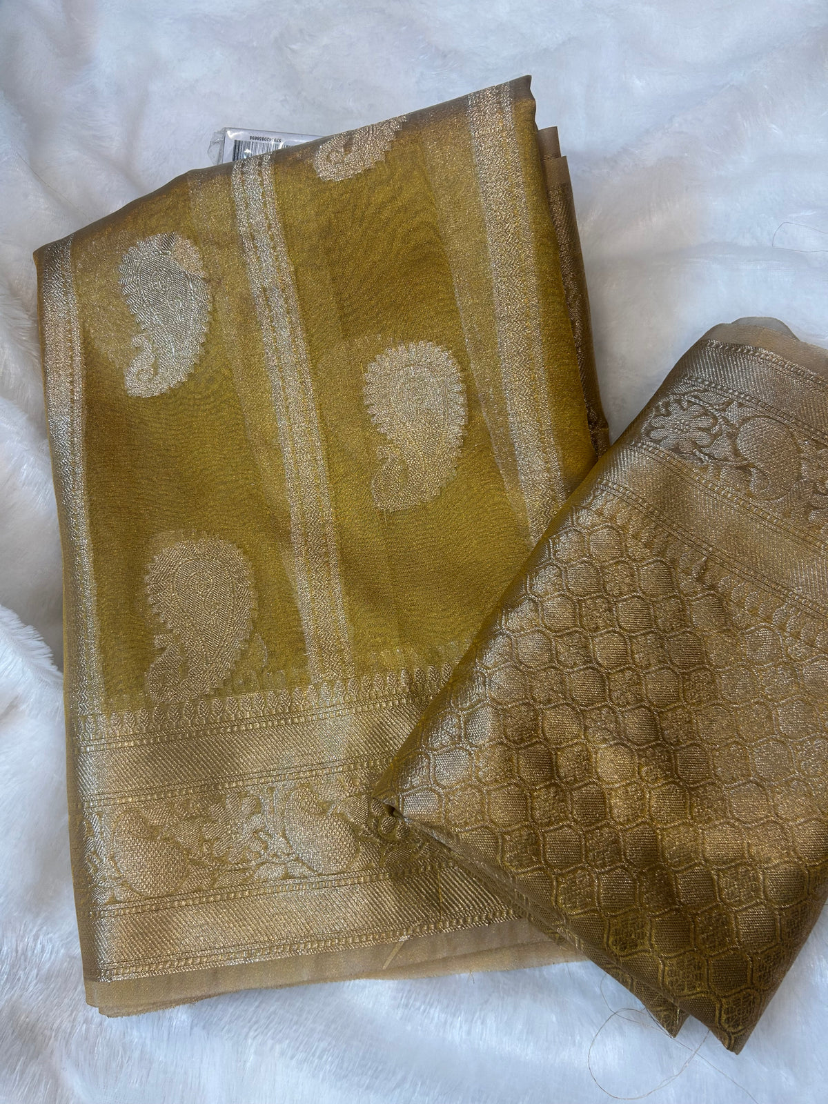 Golden Banarasi zari saree, draped view