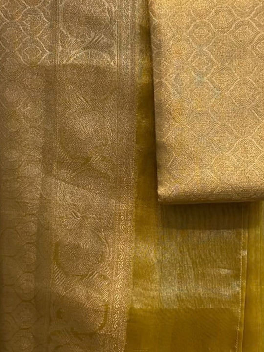 Haldi Yellow Ready to Wear Banarasi Tissue Saree – Pre-Stitched 2 Minute Saree