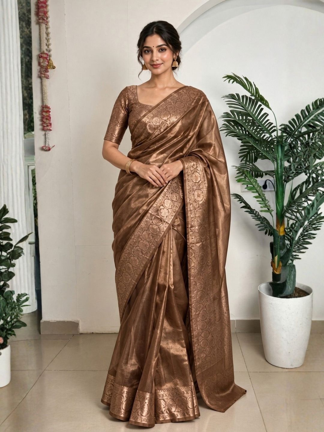 Copper brown ready to wear Banarasi tissue saree, pre-stitched | Saviias Studioz