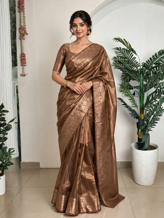 Copper brown ready to wear Banarasi tissue saree, pre-stitched | Saviias Studioz