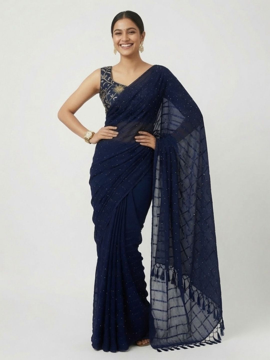 Midnight Blue Chiffon Saree with golden Dot Embellishments & Tassel Pallu