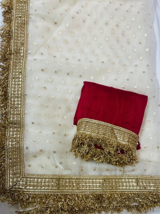 Organza all over butti work & lace saree- White with contrast blouse