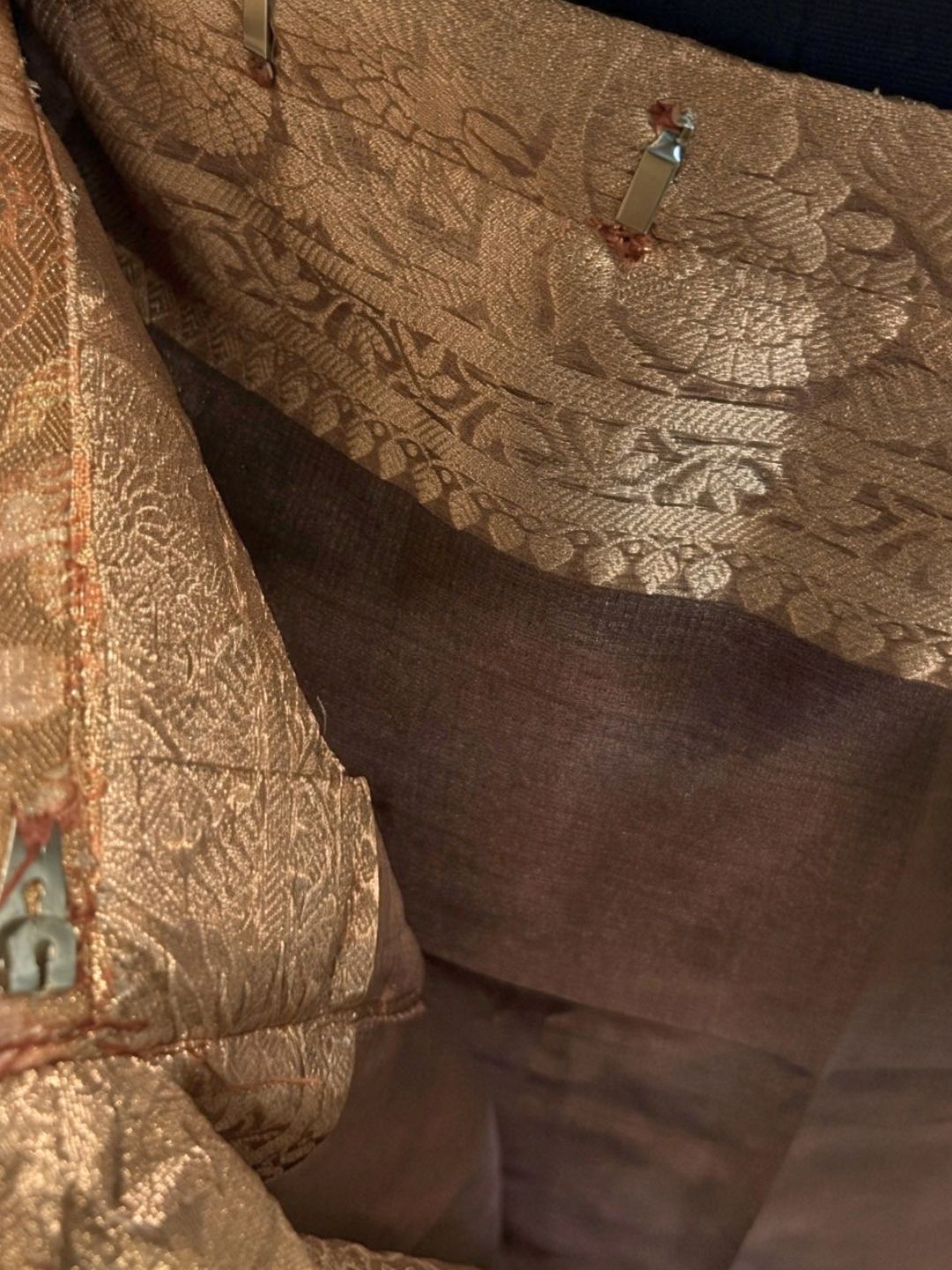 Copper brown ready to wear Banarasi tissue saree, pre-stitched – work detail | Saviias Studioz