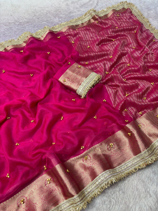 Organza Ghungroo Saree – Rani Pink with Banarasi Border