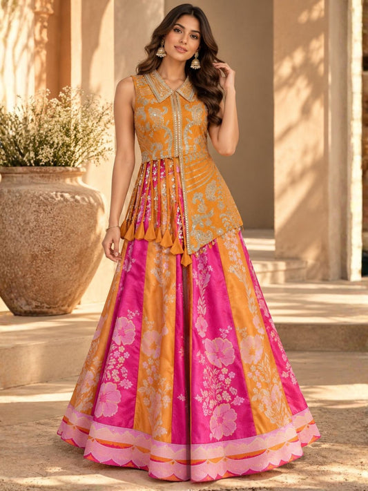 Orange pink sequin jacket top with floral wide leg palazzo set | Saviias Studioz