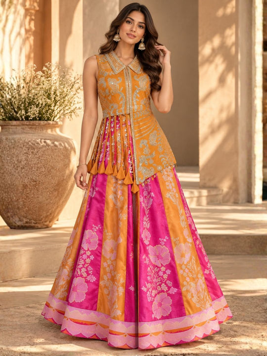 Orange & Pink Sequin Jacket Top with Floral Printed Wide Leg Palazzo Set