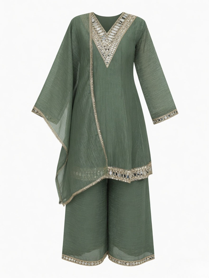 Sage Green- Mirror Work Kurta Palazzo Set