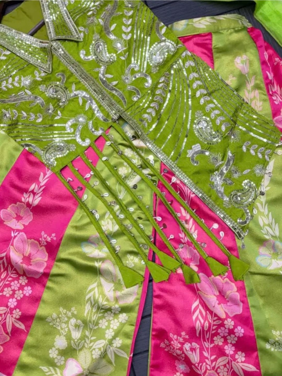 Parrot green sequin jacket top with floral wide leg palazzo set – work detail | Saviias Studioz