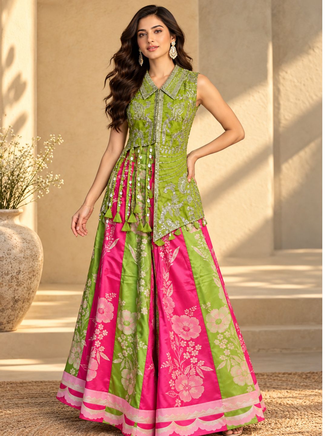 Parrot green sequin jacket top with floral wide leg palazzo set | Saviias Studioz