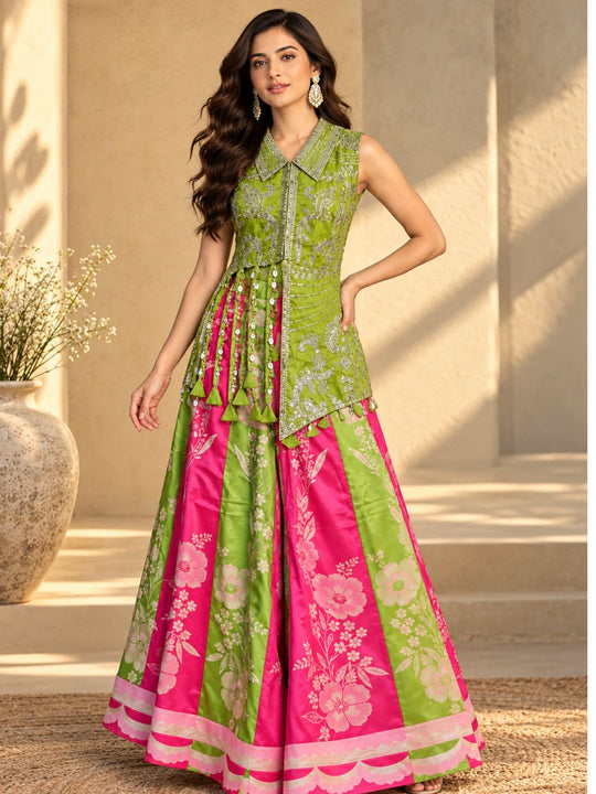 Parrot Green & Pink Sequin Jacket Top with Floral Printed Wide Leg Palazzo Set