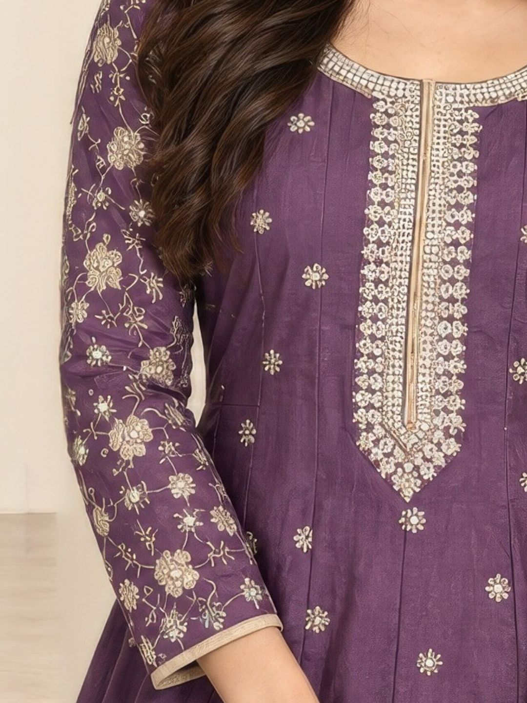 Purple embroidered anarkali suit set with gota border and dupatta – work detail | Saviias Studioz