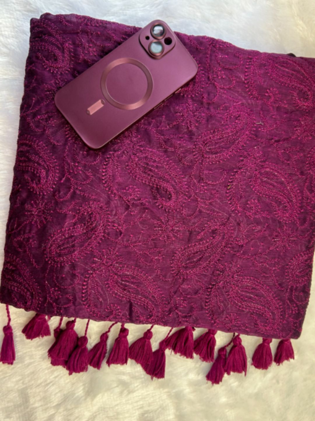 Wine purple mul cotton saree with all-over chikankari embroidery – full drape | Saviias Studioz