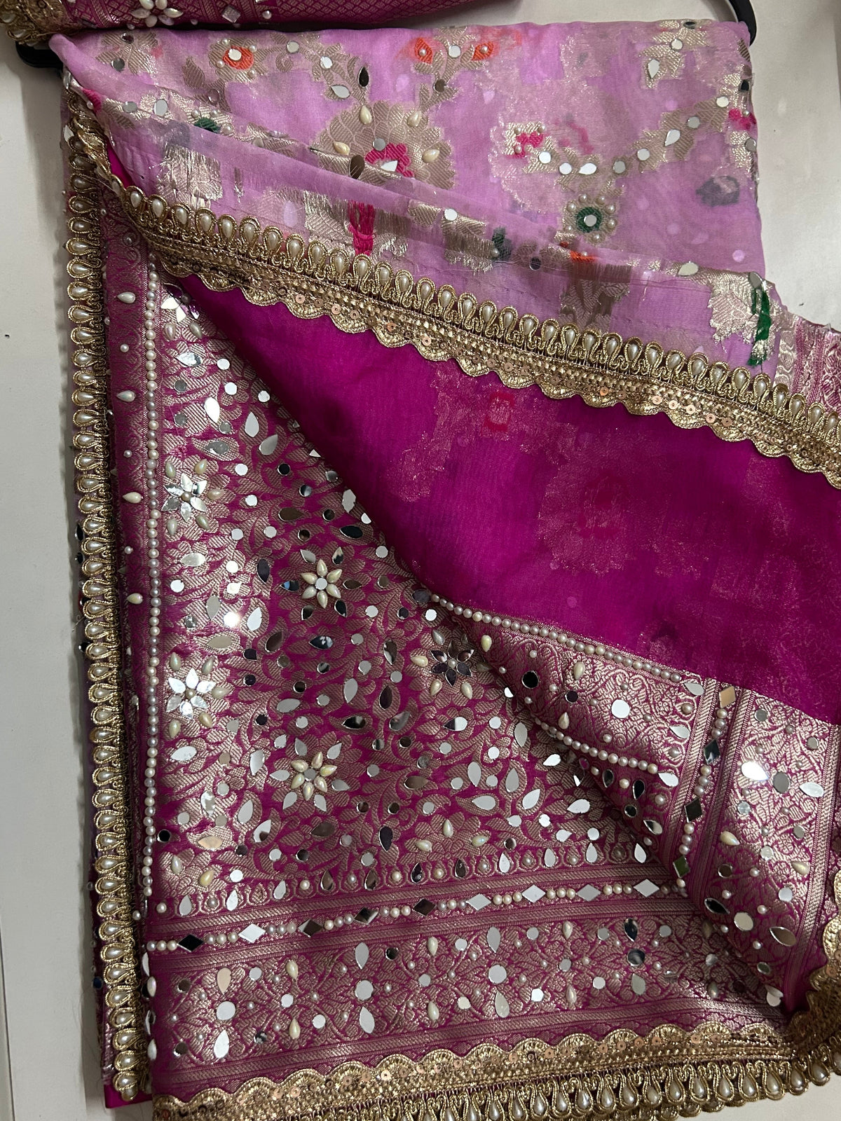 Mauve Gulbahaar Banarasi saree full length view