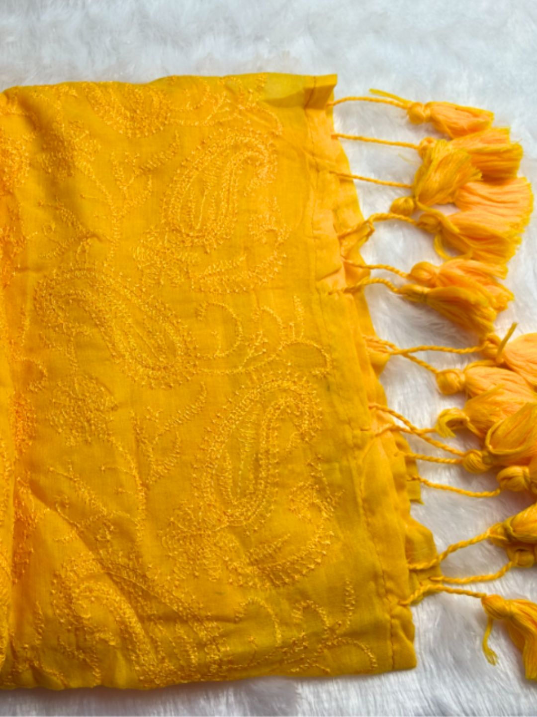 Mustard yellow mul cotton saree with all-over chikankari embroidery – full drape | Saviias Studioz