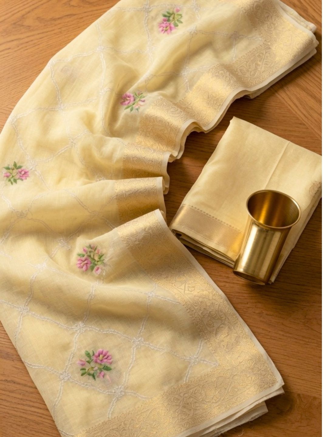 Lemon Yellow Floral Embroidered Kota Doria Saree with Zari Border