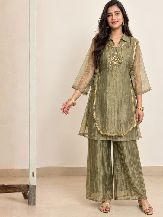 Olive Green Tissue Crush Kurta Palazzo Set with Gota Jacket Overlay