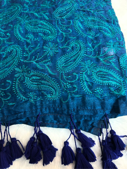 Peacock Blue Mul Cotton Saree with All-Over Chikankari