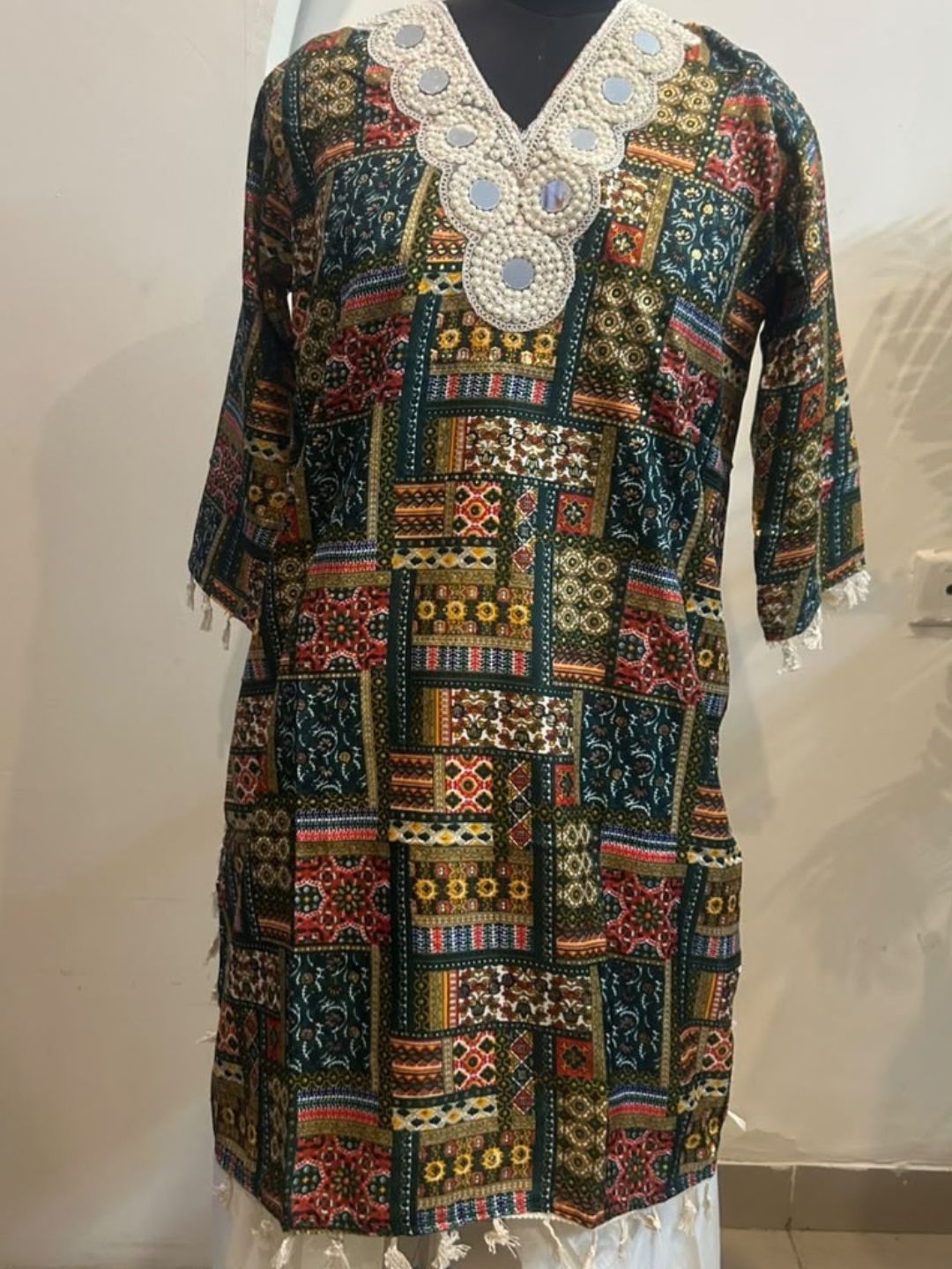 Bottle green printed kurta with white farshi salwar and pearl mirror lace neckline – full length look | Saviias Studioz