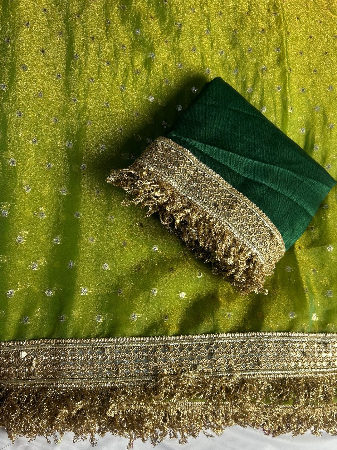 Organza all over butti work & lace saree- Parrot Green color