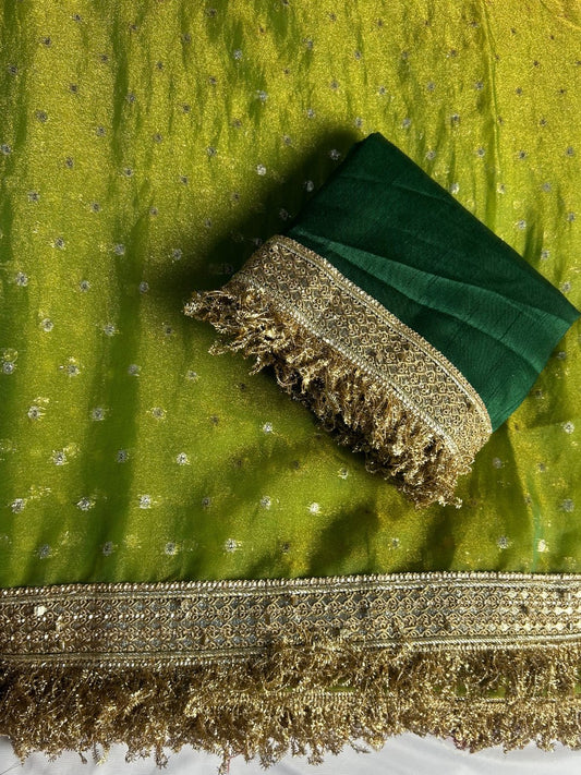 Organza all over butti work & lace saree- Parrot Green color