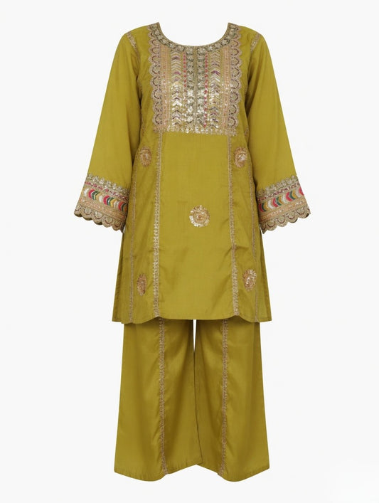 Mehndi color- Gotta patti set with Potli Bag