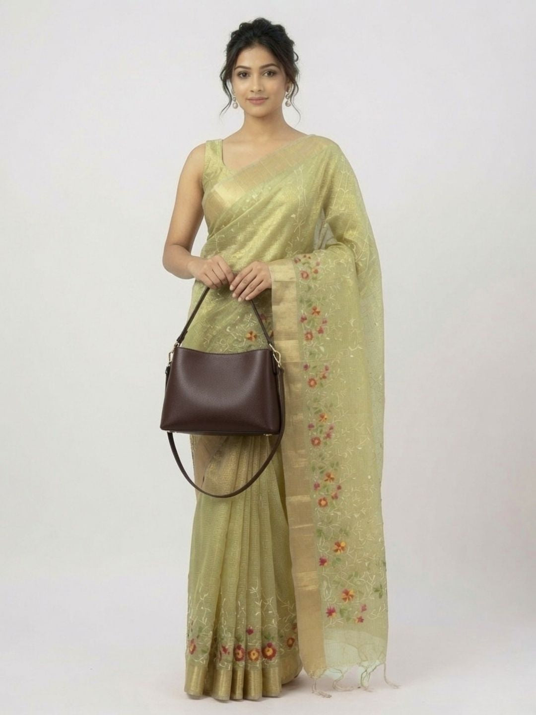 Pista Green Embroidered small mirror Kota Doria Saree with Zari Border